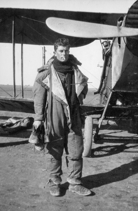 An unknown pilot of No 6 Squadron, in front of a Bristol F2B