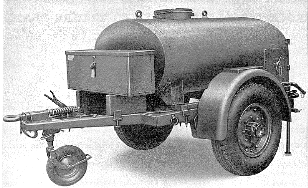 1 ton, 2-wheeled trailer chassis fitted with 180-gallon water tank Mk 1 (FV 2402 (B)1) - from front