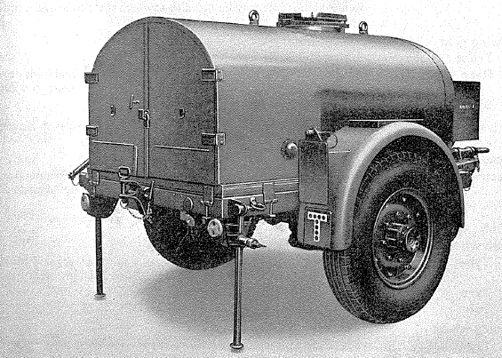1 ton, 2-wheeled trailer chassis fitted with 180-gallon water tank Mk 1 (FV 2402 (B)1) - from rear