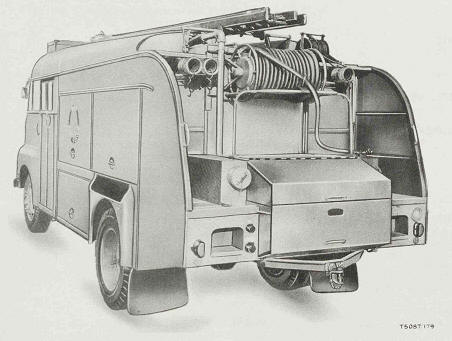 Truck, Fire Fighting, Domestic, Water 600-gallon, 4x2, Bedford SH from rear